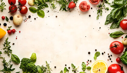 Healthy Food Ingredients Background: Top View of Fresh Vegetables and Fruits with Space for Text - Recipe and Menu Card Template