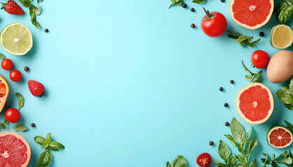 Healthy Food Ingredients Background: Top View of Fresh Vegetables and Fruits with Space for Text - Recipe and Menu Card Template