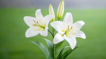 Fototapeta premium Elegant White Lily Blooms in Soft Green Background