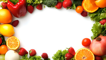 Healthy Food Ingredients Background: Top View of Fresh Vegetables and Fruits with Space for Text - Recipe and Menu Card Template