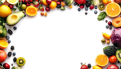 Healthy Food Ingredients Background: Top View of Fresh Vegetables and Fruits with Space for Text - Recipe and Menu Card Template