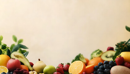 Healthy Food Ingredients Background: Top View of Fresh Vegetables and Fruits with Space for Text - Recipe and Menu Card Template