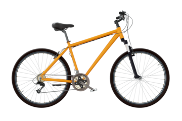 Orange bicycle, side view. Black leather saddle and handles. Png clipart isolated on transparent background