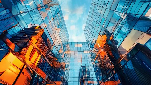 Glass skyscrapers reflecting blue sky and orange sunlight, modern urban architecture with sleek design in a futuristic cityscape