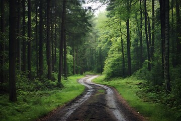 Fototapeta premium Winding dirt road through lush green forest trees, nature landscape