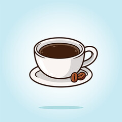 White cup of black coffee with coffee bean. vector cartoon illustration