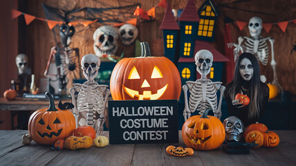 Skeletons and pumpkins  with  a  Halloween Costume Contest sign  for a spooky  and festive  celebration. 
