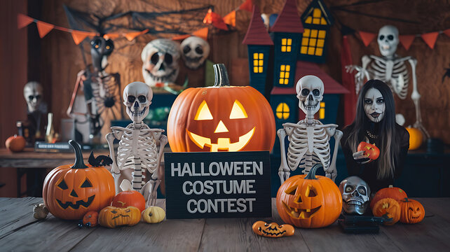 Skeletons and pumpkins  with  a  Halloween Costume Contest sign  for a spooky  and festive  celebration. 
