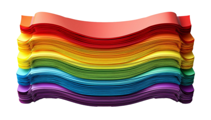 Shaded thin stripes of sticky post-it note paper with shadows of many assorted different colors isolated on a transparent background, PNG file.