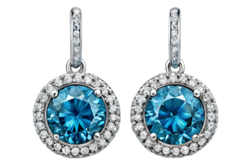 Round Diamond Drop Earrings, diamond earrings on transparent or white background.