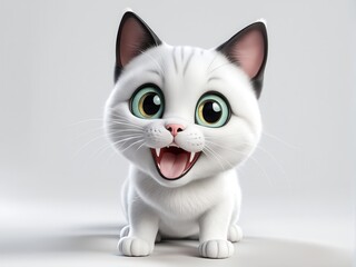 Fototapeta premium A cute, cartoon-style white cat with big eyes, smiling joyfully at the viewer.