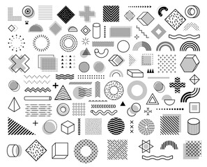Monochrome memphis geometric shapes. Vector set of black and white circles, squares, triangles and dots, lines, waves, crosses and cylinders with pyramids. Retro abstract 80s style elements or figures