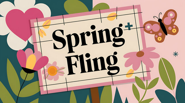Pink and Green Spring Fling Sign with Flowers and Butterfly  Springtime Event 

