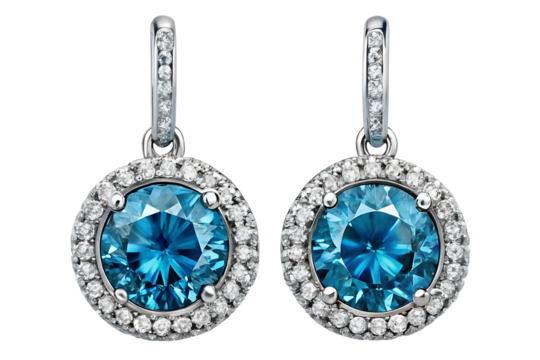 Round Diamond Drop Earrings, diamond earrings on transparent or white background.