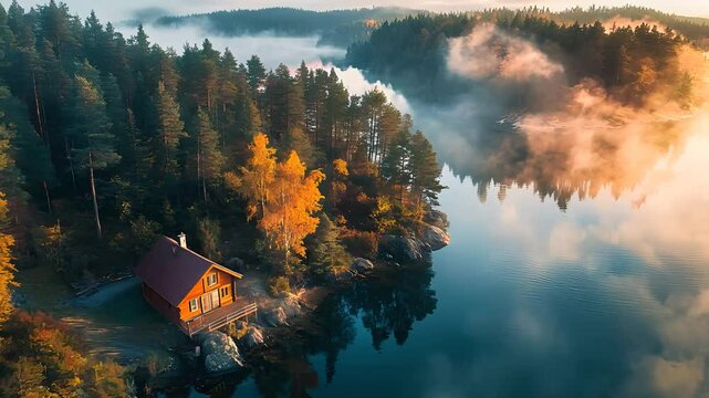 Aerial view of a secluded cabin by a calm lake surrounded by misty forests and autumn colors, peaceful nature escape in the wilderness