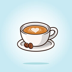 White cup of coffee cappuccino latte with heart shape foam and coffee bean. vector cartoon illustration