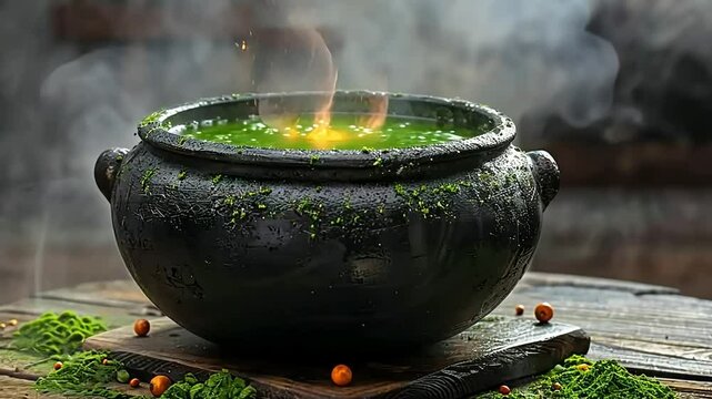 A black cauldron with bubbling green potion and smoke