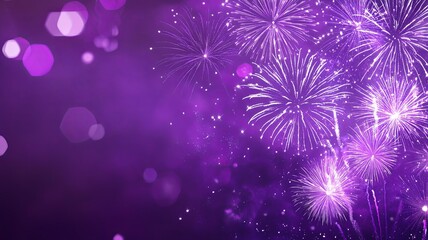 Banner Purple Firework celebrate anniversary happy new year 2024, 4th of july holiday festival. Banner Purple firework night time National holiday. Violet firework New year 2025 festival copy space