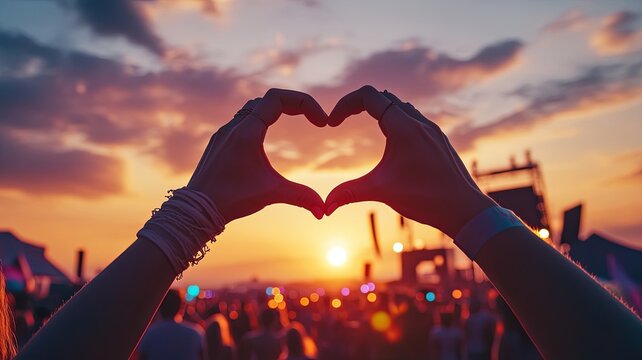Hands shape heart sign at sunset beach music fest, crowd enjoys live concert. Outdoor summer event, happy fans party, love symbol, festive vibe by the sea. Silhouette, sun glow, entertainment.