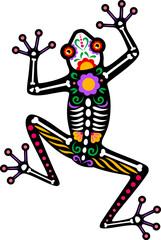 Day of the dead Mexican frog animal skeleton tattoo. Isolated vector Dia de los Muertos figure of toad amphibian, sugar skull, skeleton bones with floral pattern, symbol of nature, fauna and wild life