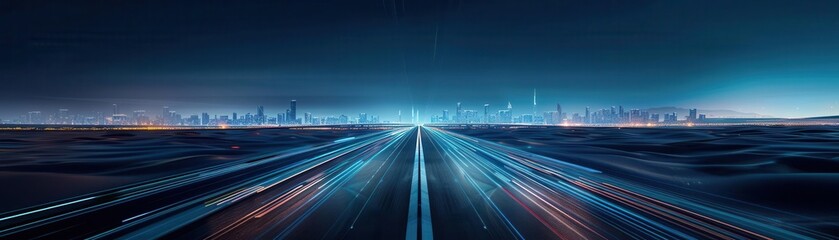 Obraz premium 3D futuristic road at night, city skyline far in the distance, ultra-realistic detail, glowing pathways and modern architecture