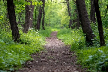 Fototapeta premium Path leading through a lush green forest, Sunlight shining through the trees