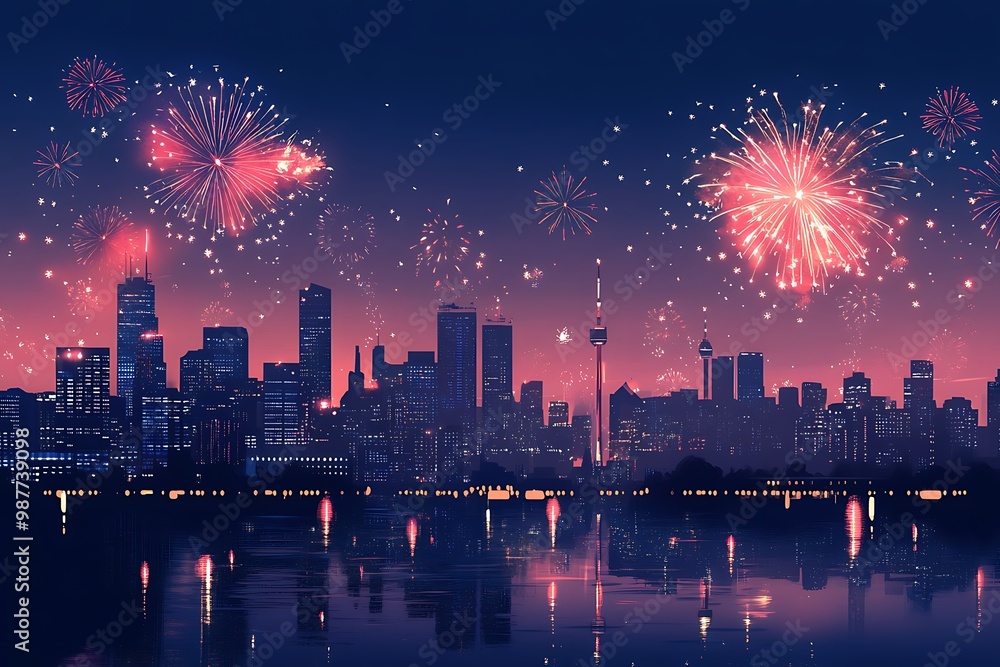 Wall mural new year city skyline with fireworks and room for festive greetings creating a vibrant celebration a