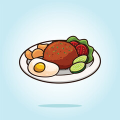 Indonesian fried rice with sunny side up topping or fried egg - nasi goreng. Asian food vector cartoon illustration