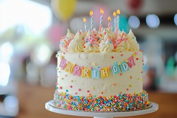 Festive birthday cake with a happy birthday banner decoration