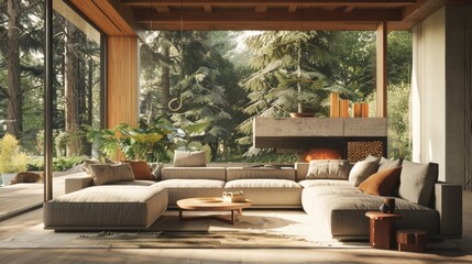 Cozy Modern Living Room Surrounded by Lush Green Trees and Nature