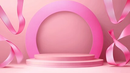 Breast cancer awareness pink banner background with curly pink ribbon symbol, vector design 