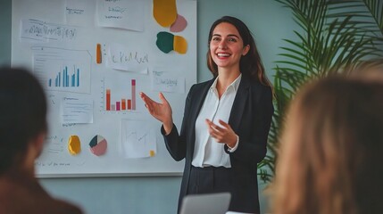 Confident Leader, Data-Driven Vision: A young businesswoman captivates her team with an engaging presentation, using colorful charts and data visualization to communicate insights and strategy.  