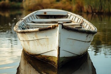 White rowboat on calm water with soft focus background. Tranquil, peaceful, and serene boat imagery