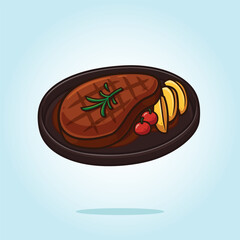 Delicious Grilled Beef Steak with fried potato and tomato on black hot plate. food vector illustration