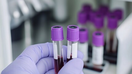 Laboratory Technician Holding Blood Samples in Purple Cap Vials, Medical Testing and Research in a Lab, Generated AI
