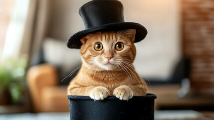 Orange tabby cat wearing a top hat and looking into the camera.
