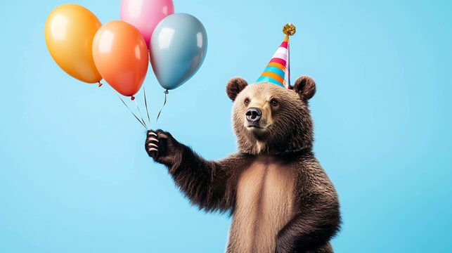 A happy bear wearing a birthday hat holds colorful balloons.