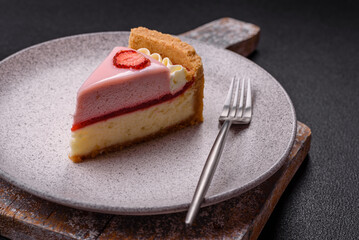 Sweet cheesecake with mascarpone or Philadelphia cheese, jelly and strawberries