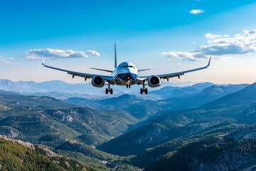 A plane flying over a mountain range, with a clear sky, symbolizing international travel and adventure