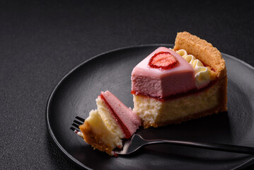 Sweet cheesecake with mascarpone or Philadelphia cheese, jelly and strawberries