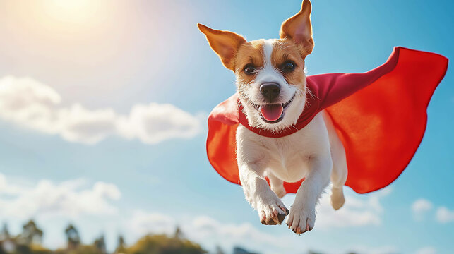 A happy dog dressed in a red cape flies through the air.