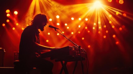 Fototapeta premium Musician passionately plays the keyboard on a stage decorated with spotlights.