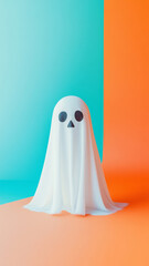 Cute white ghosts on minimalist color background with copy space