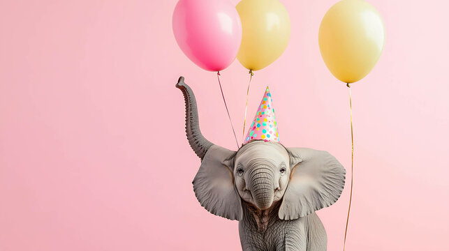 A baby elephant wearing a birthday hat stands in front of a pink background with balloons. - Powered by Adobe