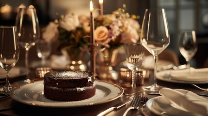 Elegant table setting with a delicious chocolate cake and beautiful floral centerpiece for a perfect dining experience.