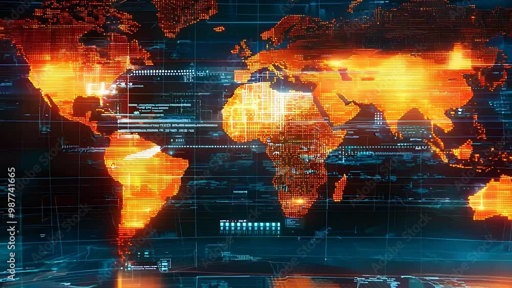 Poster digital world map with glowing orange data layers and futuristic global network, advanced technology