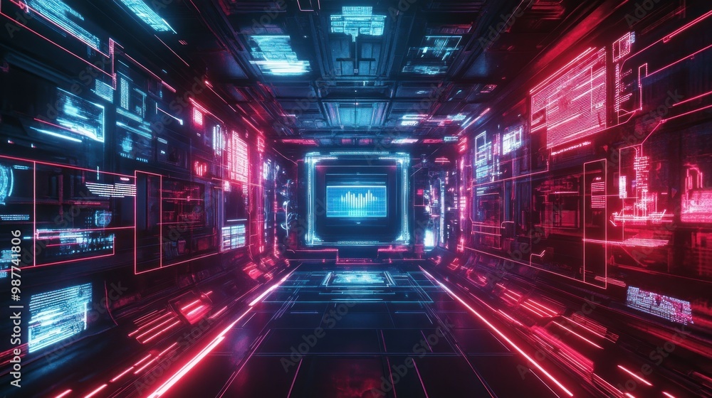Poster cyberpunk tunnel of light data abstract digital glowing dynamic neon technology background wallpaper