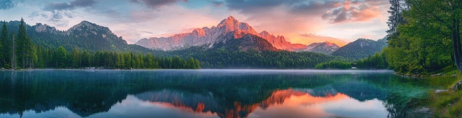 The natural view wallpaper of a calm lake with a backdrop of mountains and a beautiful sunset sky background banner AI generated image