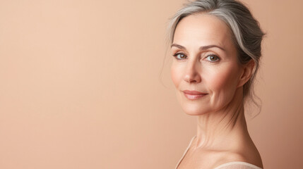 Fototapeta premium Portrait of serene mature woman with gray hair and light background