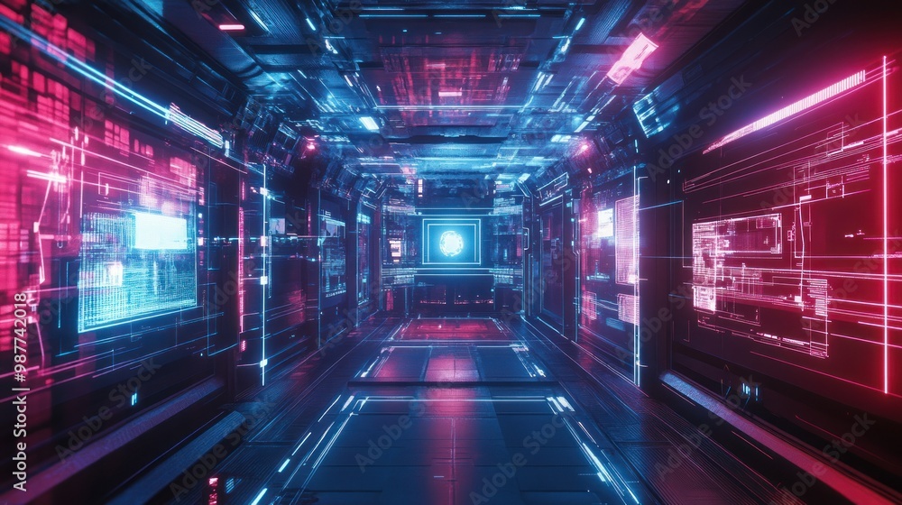 Poster cyberpunk tunnel of light data abstract digital glowing dynamic neon technology background wallpaper